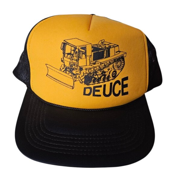 80s CAT Caterpillar Deuce Dozer Foam Trucker Rope Hat Snapback Black Yellow - Picture 1 of 13
